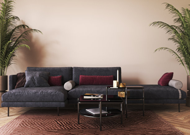 灯光室内设计，黑色沙发，桌子和装饰在海滨客厅。米色的墙壁模拟。3 d渲染。高质量3d插图图片下载
