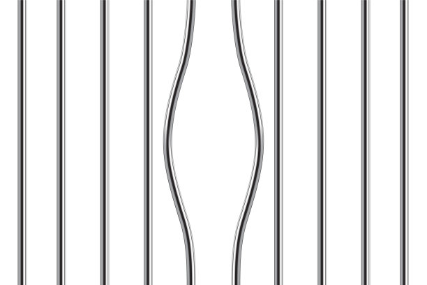 监狱栏矢量图。3D逼真的破铁笼与弯曲棒嫌疑人犯罪越狱警察监狱，格栅与钢弯曲棒犯罪越狱图片下载