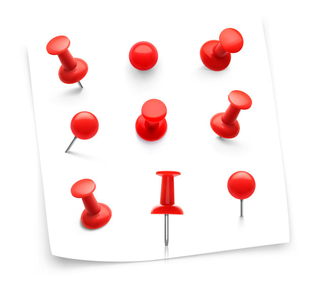 一套现实的红色图钉钉孤立在白色背景。图片下载