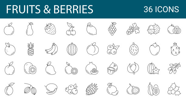 一套36行浆果和水果图标。概述食品店的招牌集合。可编辑的中风。图片下载