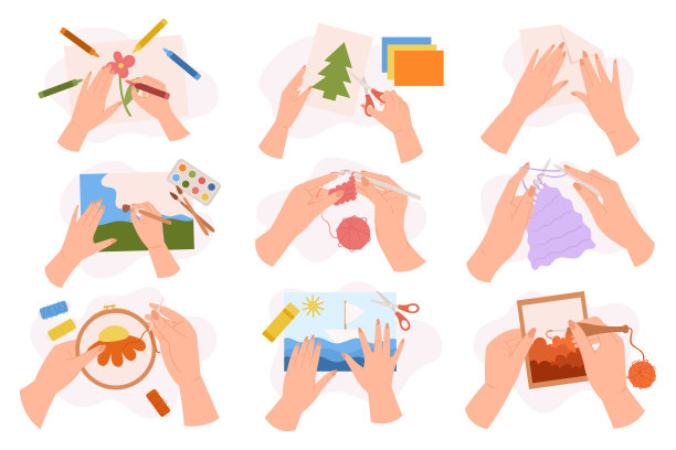 一套双手创意课程。采购产品绘画，切割彩色纸，折纸，编织，刺绣图片下载