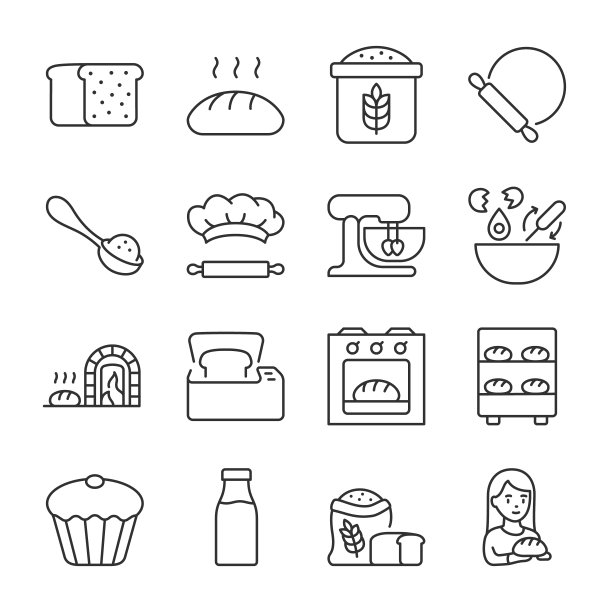 烤面包图标集。面包店，线性图标收集。面包和烘焙设备。烹饪。用可编辑笔画线图片下载