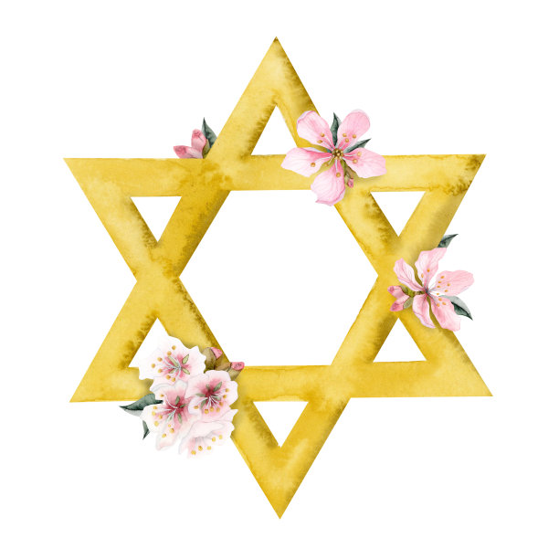 水彩逾越节贺卡模板，金色大卫之星和杏花图片下载