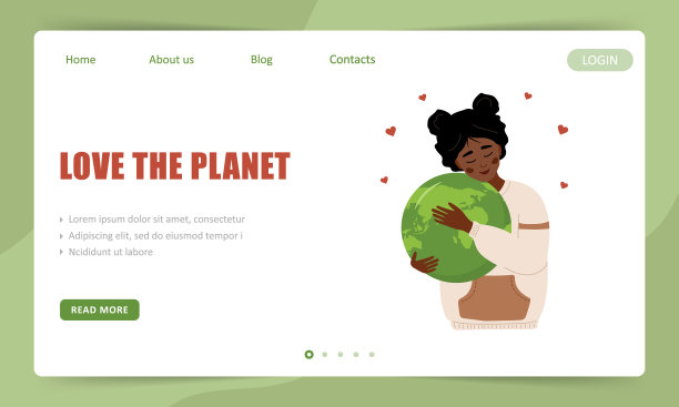 关爱地球主题着陆页模板：可爱的非洲裔女人充满爱意地拥抱地球。适用于网页设计、商业演示和营销的卡通矢量插画图片下载