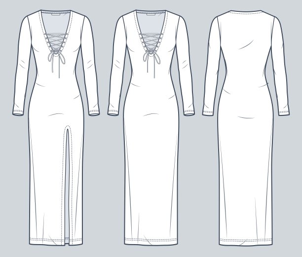 泽西长裙技术时尚插图。系带连衣裙时尚平面技术图纸模板，前开叉，修身，长袖，前后视图，白色，女性CAD模型集。图片下载