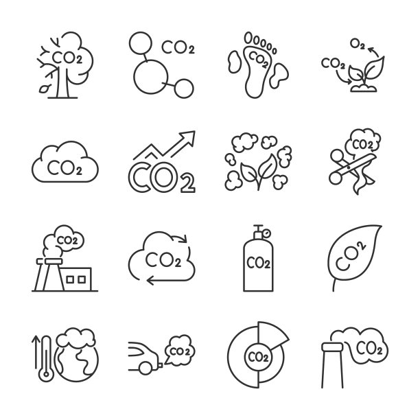 二氧化碳气体图标集：CO2、污染排放、过量气体分析与控制，线性图标集合，可编辑描边图片下载