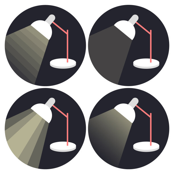 一套简单的圆形平面图标与台灯。灯饰店、家具店、灯厂标志、标签、标志。元素，对象，剪贴画为小册子设计，横幅，网站按钮，亮点图片下载