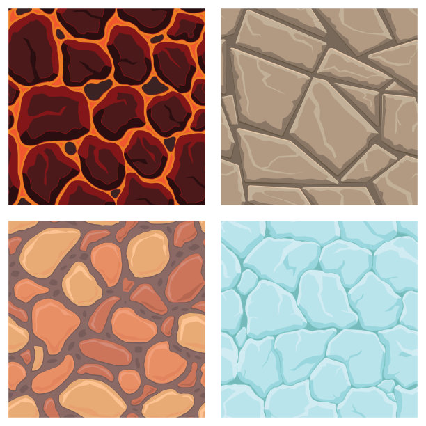 卡通游戏纹理，熔岩，冰，岩石和砖，污垢和地面表面无缝模式。游戏资产墙壁和环境背景图片下载