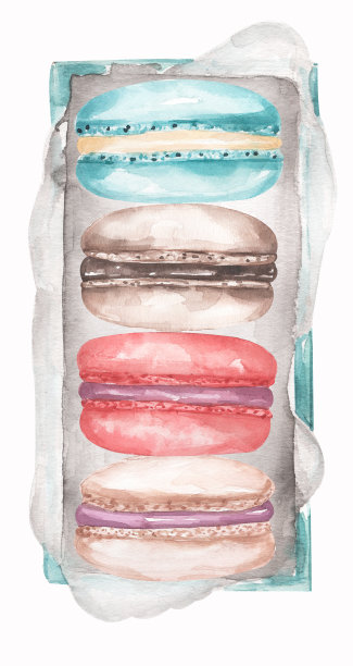马卡龙设置在盒子里，水彩食物插图，法国面包房艺术印刷，甜蜜的剪纸，厨房图片下载