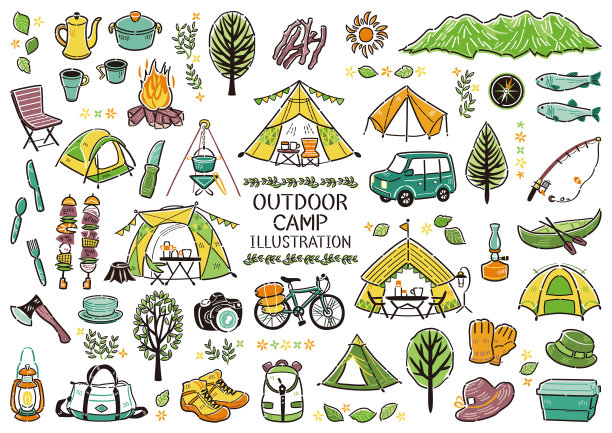 户外休闲露营烧烤图标插画集线条绘制图片下载