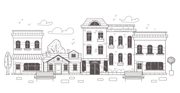 城市城镇线艺术轮廓建筑外观概念。矢量平面平面设计元素概念说明图片下载