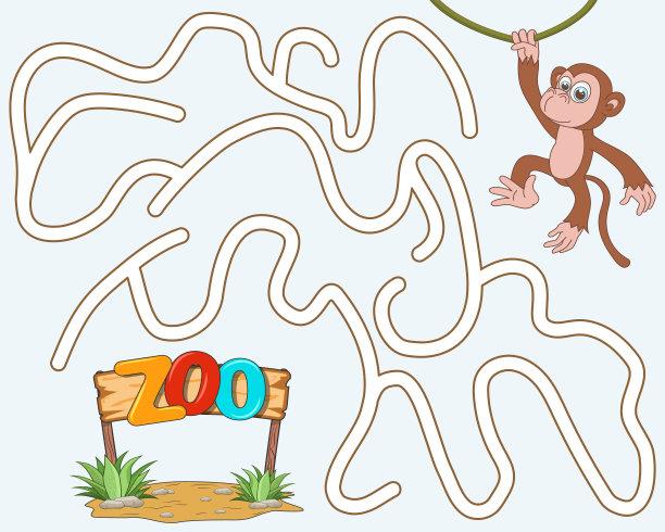 帮助河马找到通往动物园的路。儿童逻辑游戏。进入和退出。有趣的迷宫与解决方案。教育迷宫游戏与可爱的角色黑猩猩。矢量卡通风格的插图。图片下载
