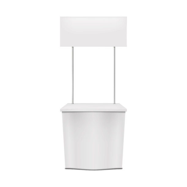 空白推广表柜台上的白色背景矢量模型。广告摊位实物模型。设计模板图片下载