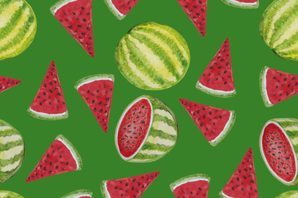 无缝模式。绿色的背景上有许多红熟的西瓜片。图片下载