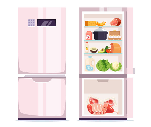 冰箱内装满食物的封闭和打开隔离设置。矢量图形设计元素说明图片下载