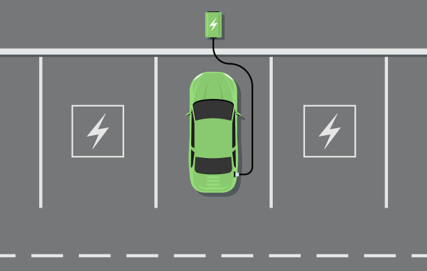电动汽车充电器俯视图。电池混合动力汽车停车充电矢量图标图片下载