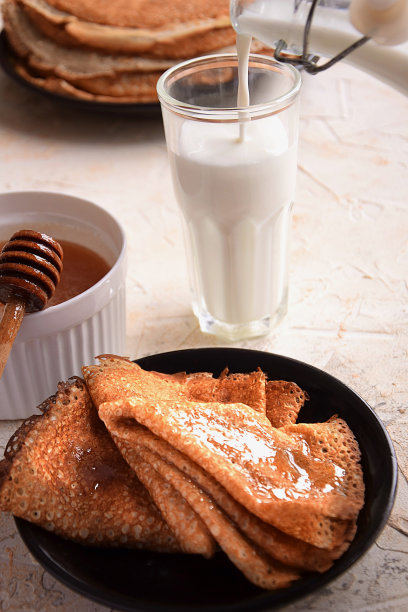 早餐有煎饼、牛奶和蜂蜜的照片图片下载