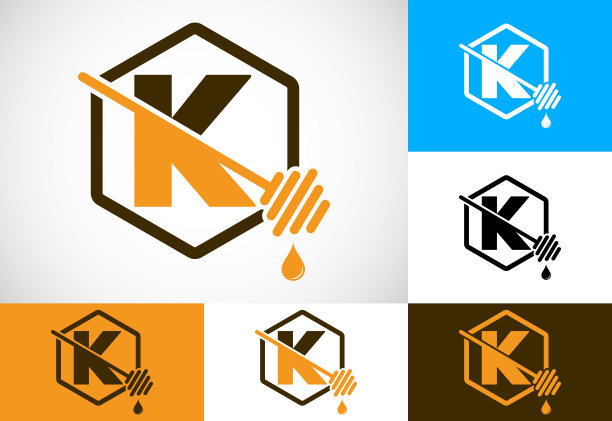 首字母K与蜂巢蜜蜂标志设计矢量插图。蜂蜜标志字体徽记图片下载