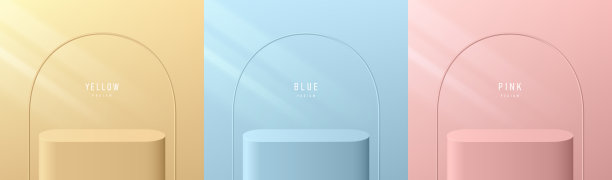 一套3D背景与圆形看台讲台在黄色，蓝色和粉红色的颜色。拱形背景。粉彩最小的墙壁场景模型产品展示。向量几何平台。舞台展示图片下载