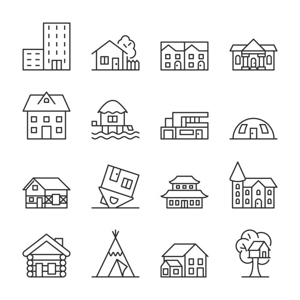 房屋的各种形状的图标集。建筑与居住，线性图标收集。多层和单层私人住宅。用可编辑笔画线图片下载