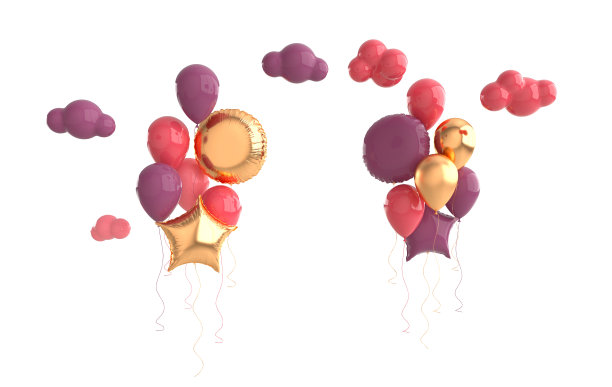 彩色金箔气球，白云孤立在白色背景上。3d渲染生日，情人节。粉色，紫色图片下载