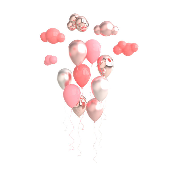 彩色金箔气球，白云孤立在白色背景上。3d渲染生日，情人节。粉色,银色图片下载