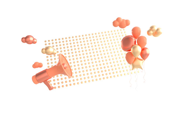 3d渲染扬声器，扩音器，云彩和气球，白色背景上孤立的广告。图片下载