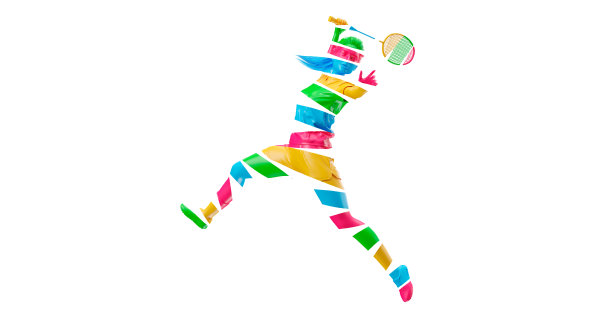 白色背景上羽毛球运动员的抽象剪影。女羽毛球运动员打毽子。图片下载