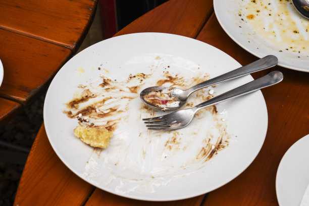 白色的盘子和叉子，桌上有剩下的食物图片下载