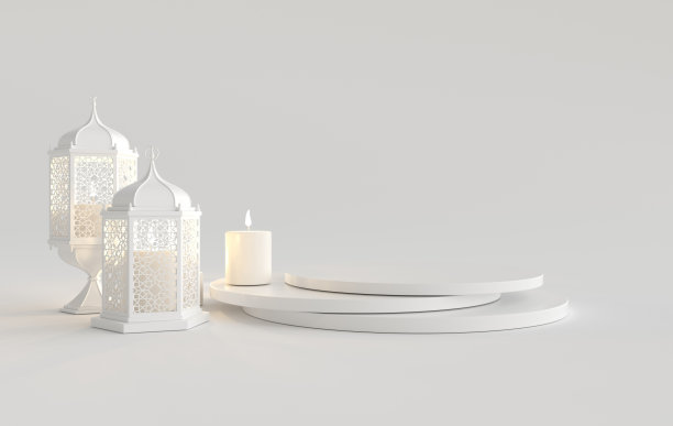 白色灯笼与蜡烛，灯与阿拉伯装饰在讲台上。概念的伊斯兰庆祝节日斋月卡里姆或eid al fitr adha。三维渲染图片下载