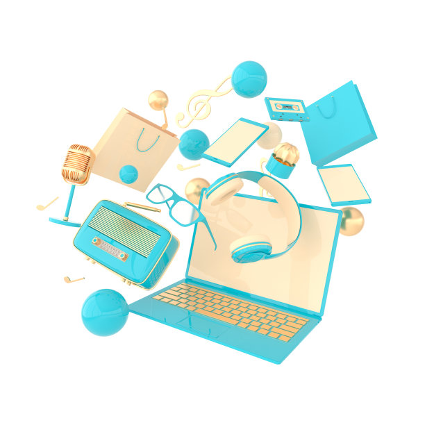 笔记本电脑，智能手机，购物袋，眼镜，麦克风，收音机，耳机3d渲染隔离在白色背景上图片下载