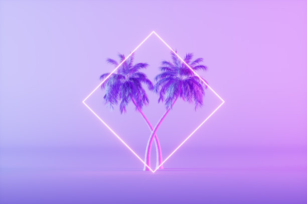 霓虹灯背景下的热带棕榈树，极简的夏季和旅游概念图片下载