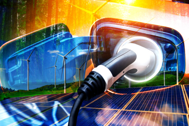 电动汽车充电站以绿色能源和可持续能源生产的生态电力为概念，供应给充电站，以减少二氧化碳排放。图片下载