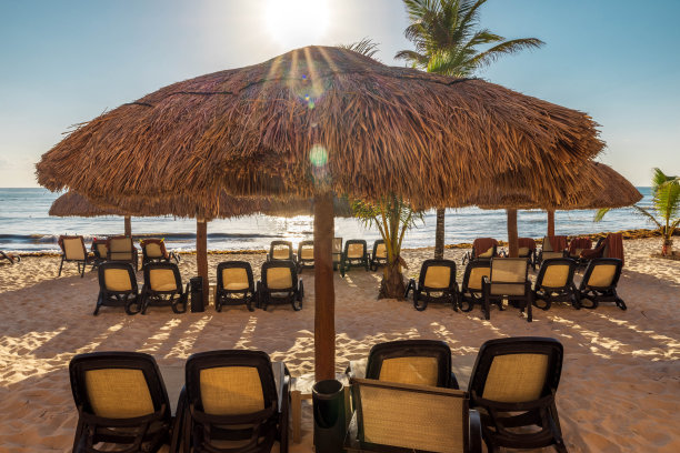 海滩上的棕榈叶凉亭/草伞图片下载