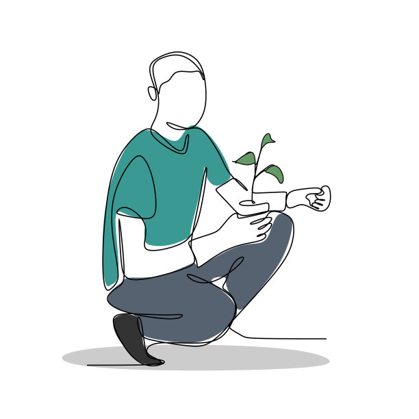 连续线条画一个男人拿着一株植物图片下载