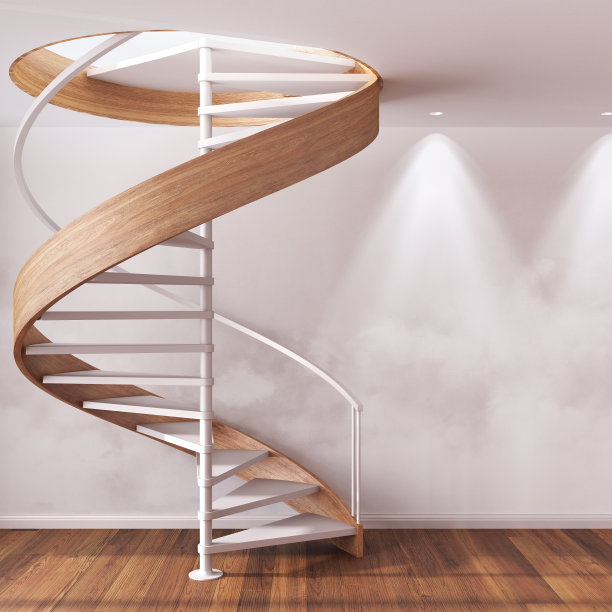 白色基调的最小公寓的木制螺旋楼梯。镶木地板和射灯，模板模型。目标成就概念图片下载