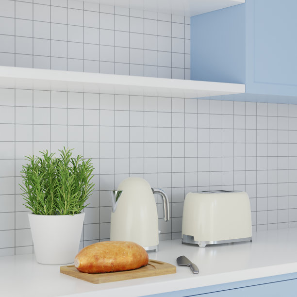 3D渲染奶油老式电烤面包机和水壶，面包，S图片下载