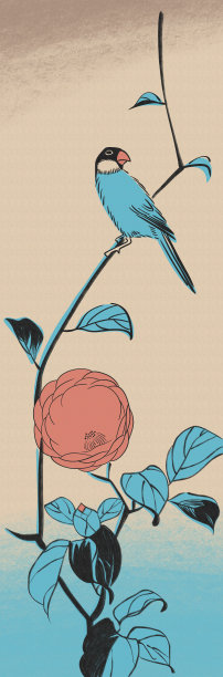 鸟儿坐在树上。花。动植物美学。手绘数字插图。墙面艺术，数码屏幕，室内装饰。中国风格。打印。逼真的纸张纹理。图片下载