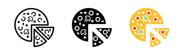 披萨套装图标。肉类，鸡肉，猪肉，牛肉，餐厅，餐馆，咖啡馆，餐桌，假日，客人蒙面，烤串，烹饪，油炸，腌制，烹饪。矢量图标在直线，黑色和彩色风格的白色背景图片下载