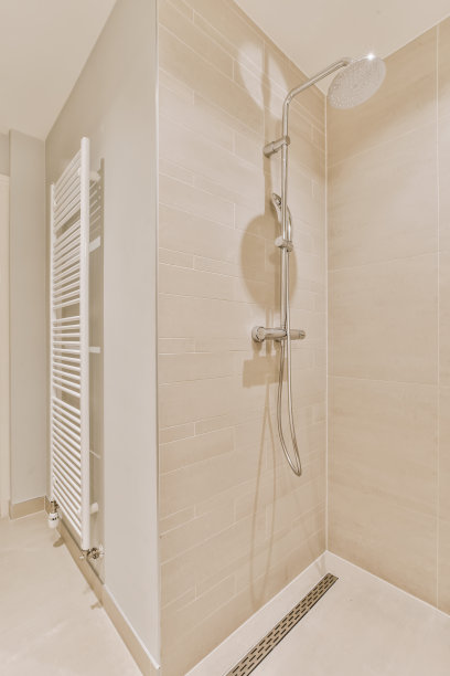 白色室内设计室内浴室淋浴区域的美丽垂直图像;设计理念图片下载