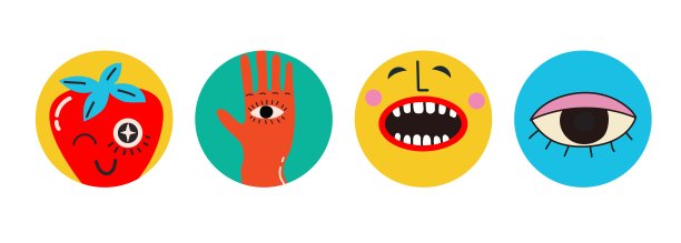 矢量突出显示覆盖集。时尚复古卡通风格的元素集合。手绘模板。社交媒体故事的圆形图标。非常适合博客作者图片下载