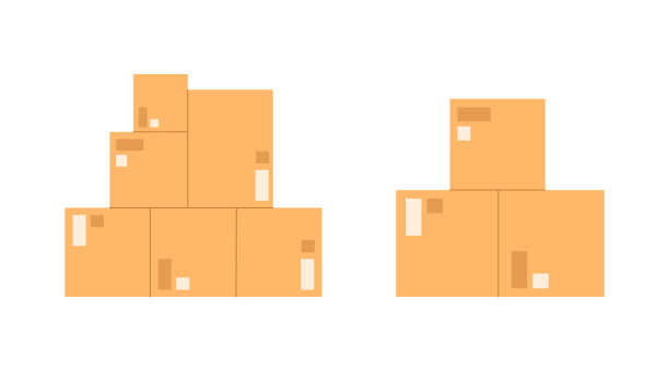 带胶带和标签的纸箱。物流服务及运输，搬家个人归属。货物交付。平面漫画，矢量插图图片下载