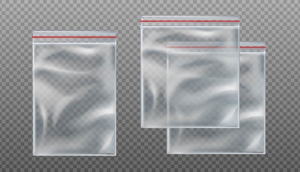 现实矢量拉链透明袋。在透明背景上的不同大小的空模型袋。图片下载