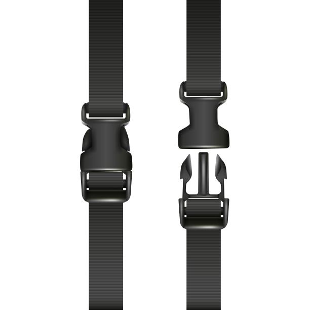 三维现实的黑色双快速释放扣带，关闭和打开。孤立在白色背景上。图片下载