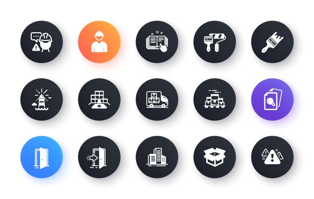 最小集合的交付卡车，检查和打开门平面图标的网站开发。为设计。向量图片下载