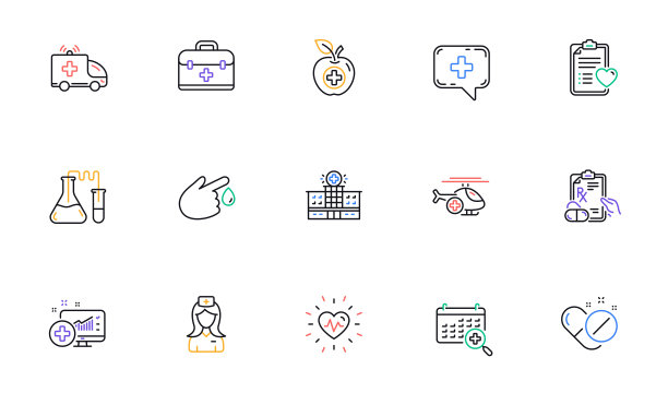 医疗线图标。医院协助、保健食品饮食和实验室。线性图标集。向量图片下载