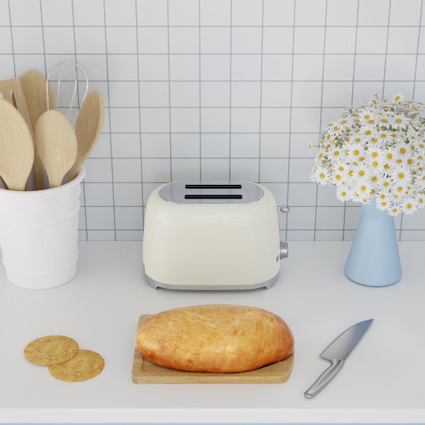 3D渲染奶油老式电动烤面包机，雏菊花，面包图片下载
