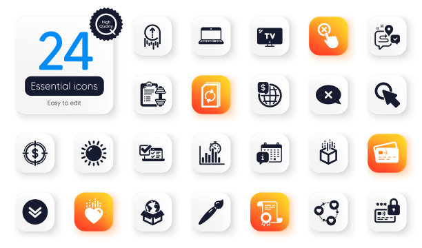 Business平面图标集。美元目标，向下滚动和在线调查元素的web应用程序。向量图片下载