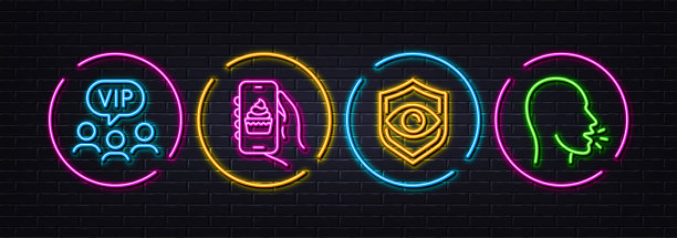 眼睛检测，Vip客户端和食品应用程序最小线图标。对于web应用，打印。霓虹灯激光3d灯。向量图片下载