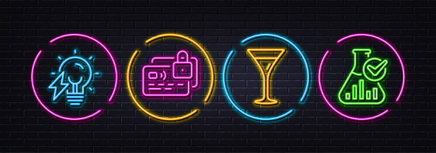 卡片，电灯泡和马提尼玻璃最小线图标。对于web应用，打印。霓虹灯激光3d光矢量图片下载